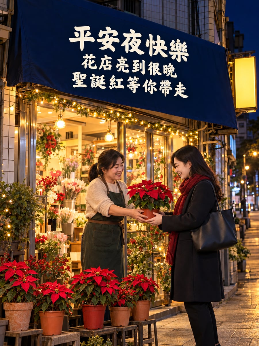 花店營業到很晚。圖中文字：平安夜快樂，花店亮到很晚，聖誕紅等你帶走