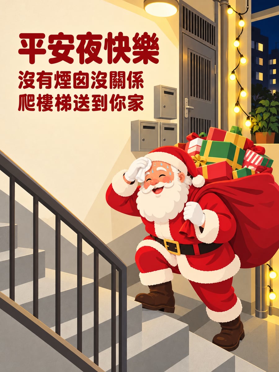 爬樓梯送禮物的聖誕老公公。圖中文字：平安夜快樂，沒有煙囪沒關係，爬樓梯送到你家