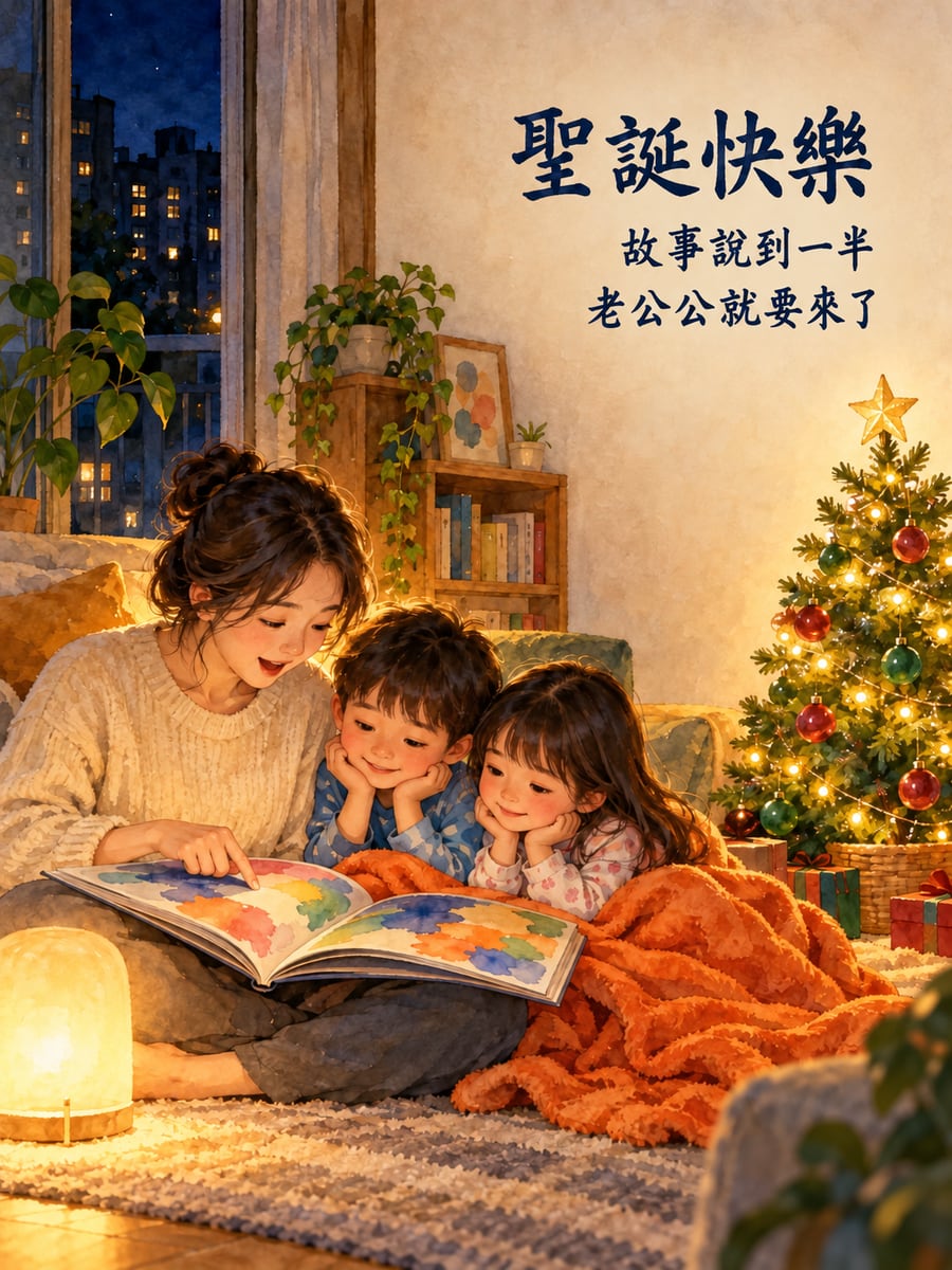 地毯上的睡前故事。圖中文字：聖誕快樂，故事說到一半，老公公就要來了