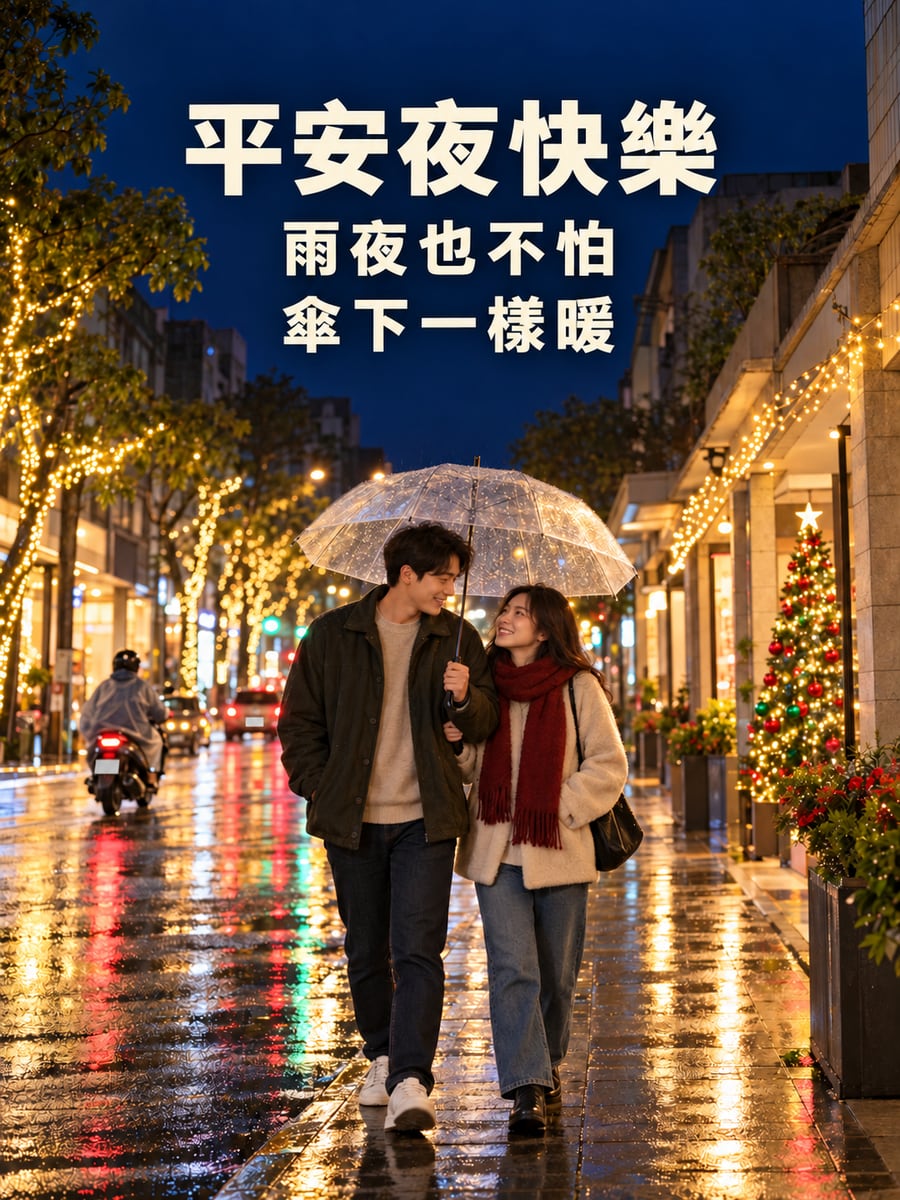 雨夜裡共撐的一把傘。圖中文字：平安夜快樂，雨夜也不怕，傘下一樣暖