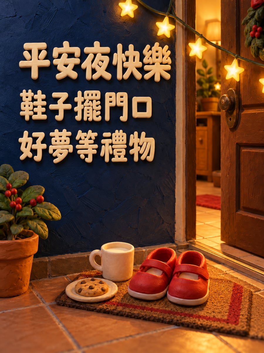 鞋子擺在門口等禮物。圖中文字：平安夜快樂，鞋子擺門口，好夢等禮物