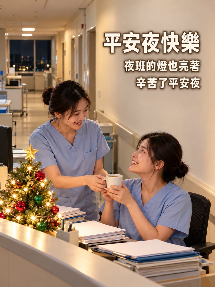 護理站的小聖誕樹。圖中文字：平安夜快樂，夜班的燈也亮著，辛苦了平安夜