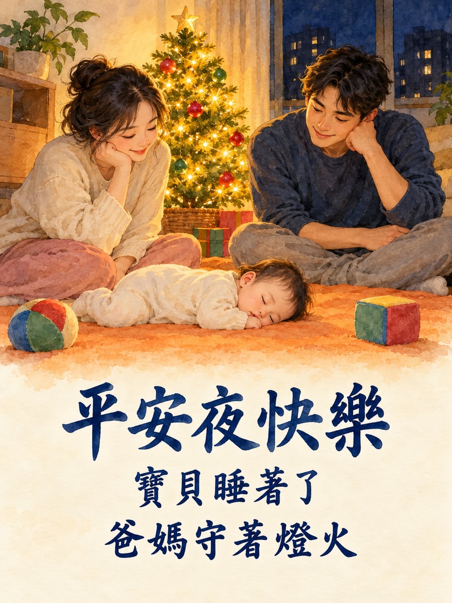 寶寶在聖誕樹旁睡著了。圖中文字：平安夜快樂，寶貝睡著了，爸媽守著燈火
