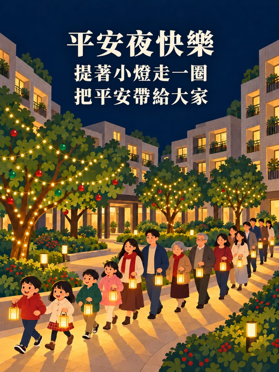 社區裡提著小燈走一圈。圖中文字：平安夜快樂，提著小燈走一圈，把平安帶給大家