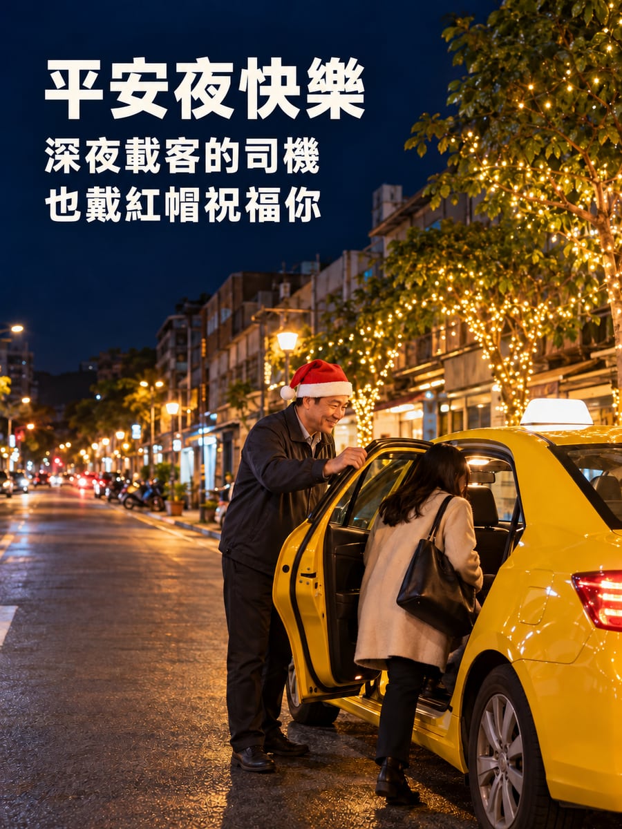 計程車司機的紅帽子。圖中文字：平安夜快樂，深夜載客的司機，也戴紅帽祝福你