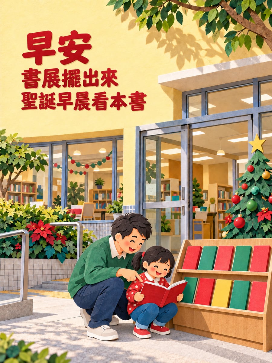 圖書館的聖誕書展。圖中文字：早安，書展擺出來，聖誕早晨看本書