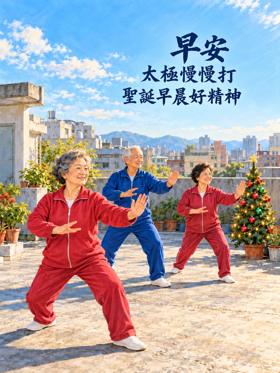 天台上的晨間太極。圖中文字：早安，太極慢慢打，聖誕早晨好精神