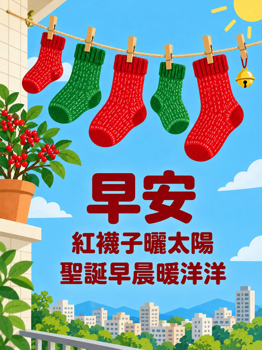 陽光下曬紅襪子。圖中文字：早安，紅襪子曬太陽，聖誕早晨暖洋洋