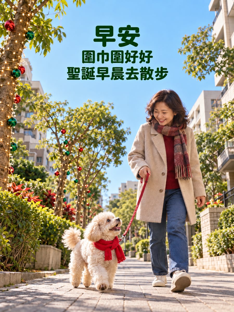 貴賓圍著紅圍巾散步。圖中文字：早安，圍巾圍好好，聖誕早晨去散步