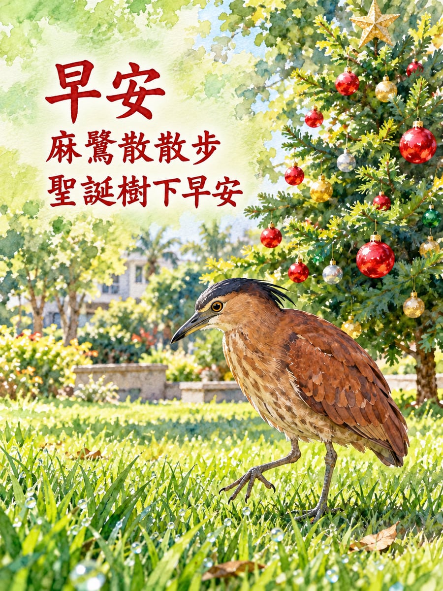 黑冠麻鷺走過聖誕樹。圖中文字：早安，麻鷺散散步，聖誕樹下早安