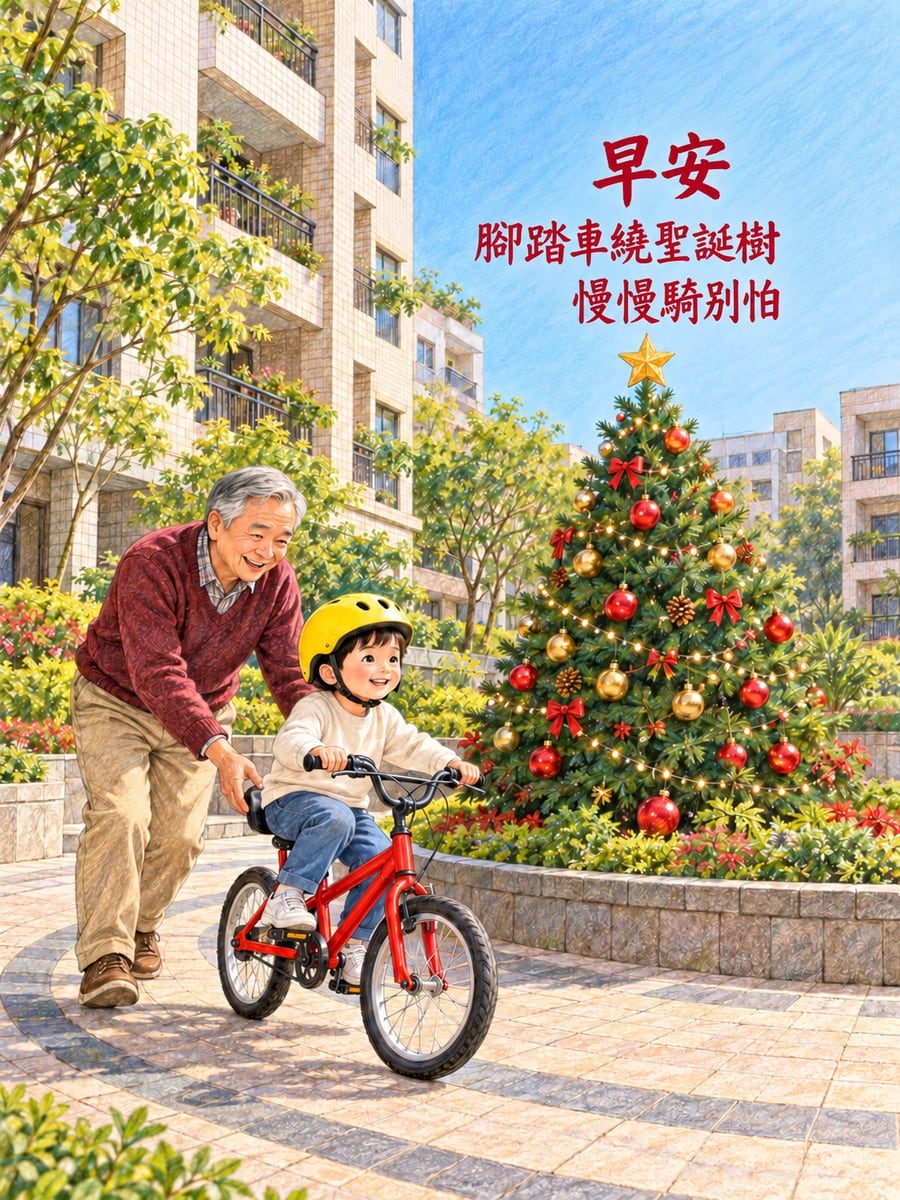 爺爺扶著孫子騎車繞聖誕樹。圖中文字：早安，腳踏車繞聖誕樹，慢慢騎別怕