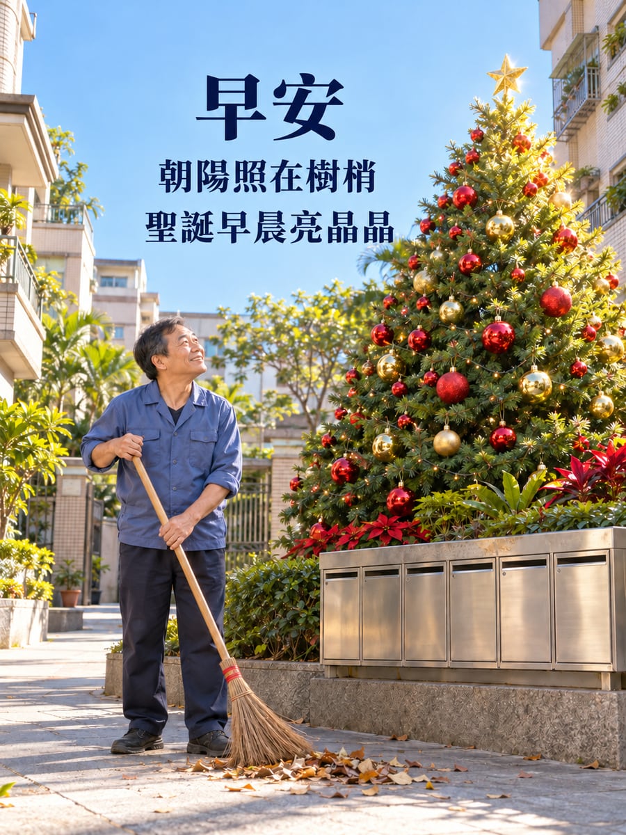 朝陽照亮社區中庭的樹。圖中文字：早安，朝陽照在樹梢，聖誕早晨亮晶晶