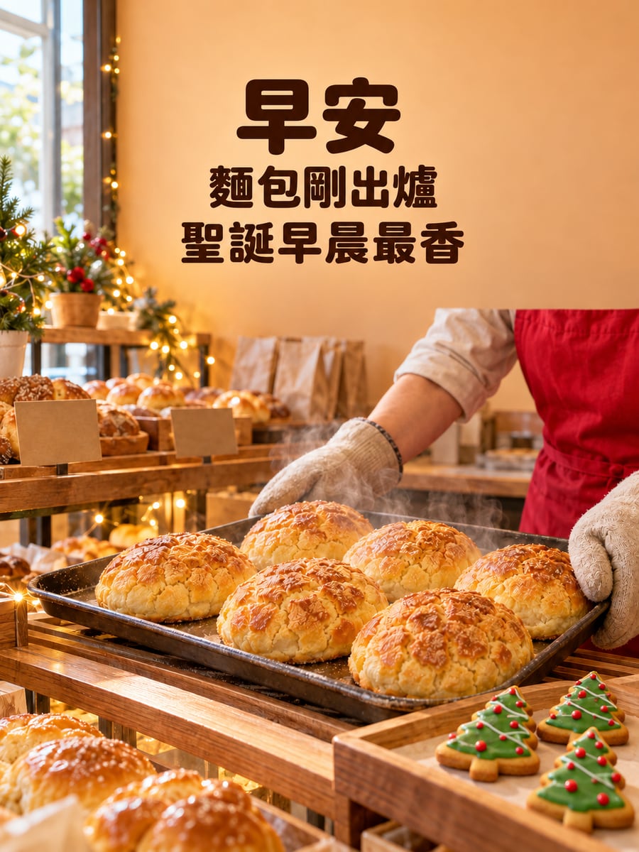麵包店剛出爐。圖中文字：早安，麵包剛出爐，聖誕早晨最香