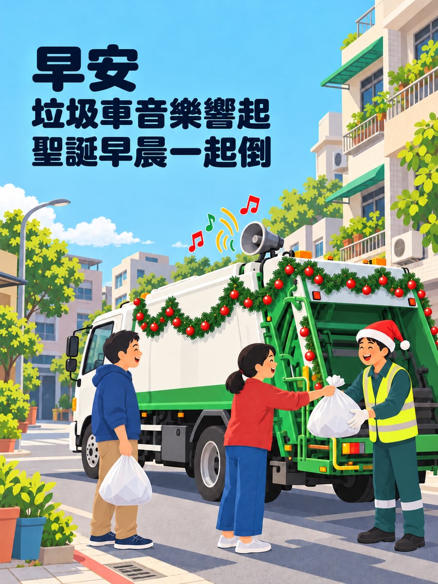 垃圾車也戴聖誕帽。圖中文字：早安，垃圾車音樂響起，聖誕早晨一起倒