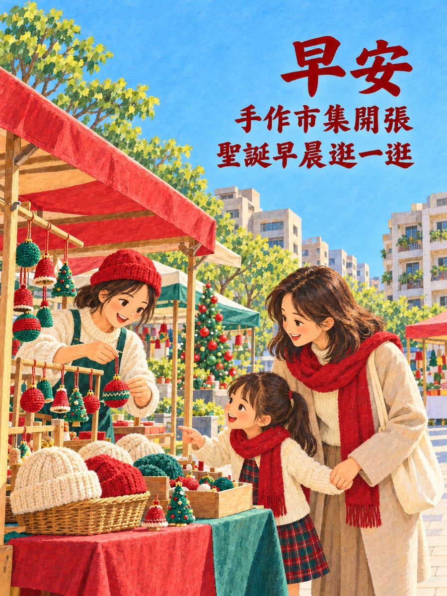 手作市集剛開張。圖中文字：早安，手作市集開張，聖誕早晨逛一逛