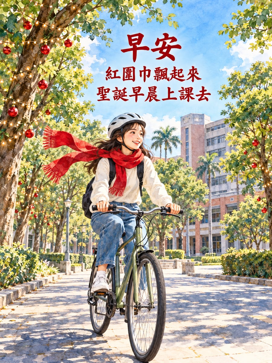 校園裡騎車的紅圍巾。圖中文字：早安，紅圍巾飄起來，聖誕早晨上課去