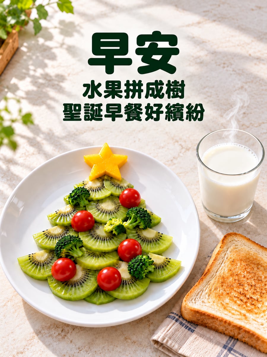 水果拼成的聖誕樹。圖中文字：早安，水果拼成樹，聖誕早餐好繽紛