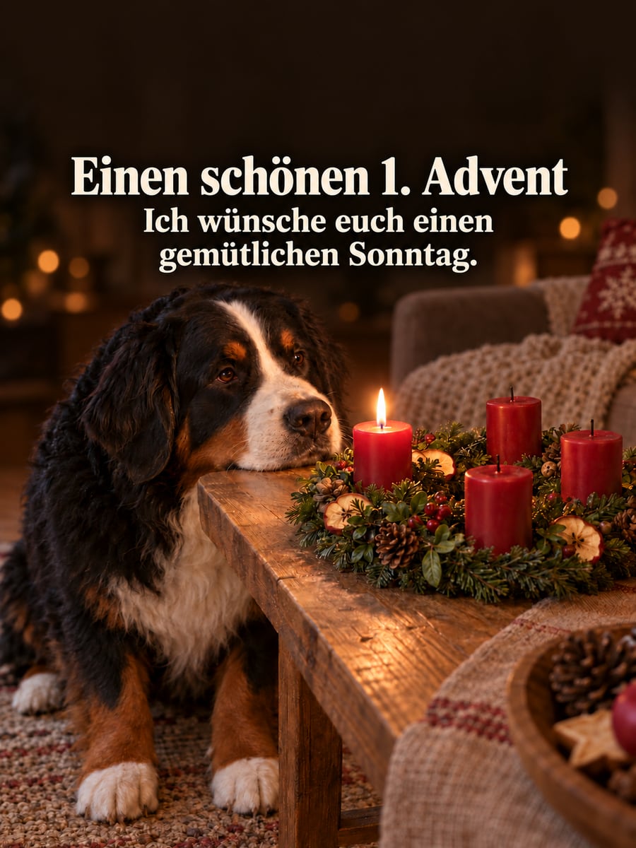 Bild zum 1. Advent mit dem Text „Einen schönen 1. Advent“ und „Ich wünsche euch einen gemütlichen Sonntag.“ – Motiv: Hund, Berner Sennenhund, Adventskranz, Kerze