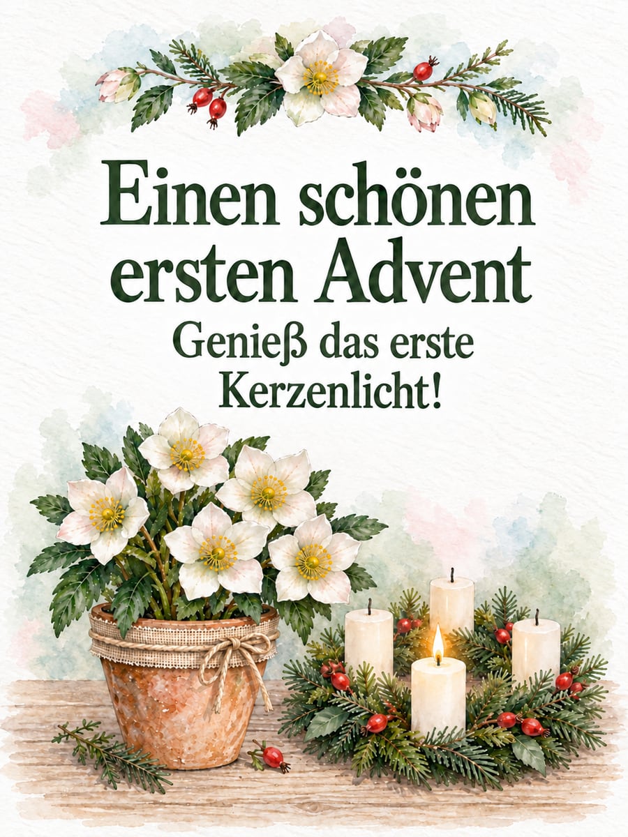 Bild zum 1. Advent mit dem Text „Einen schönen ersten Advent“ und „Genieß das erste Kerzenlicht!“ – Motiv: Christrose, Adventskranz, Kerze, Aquarell