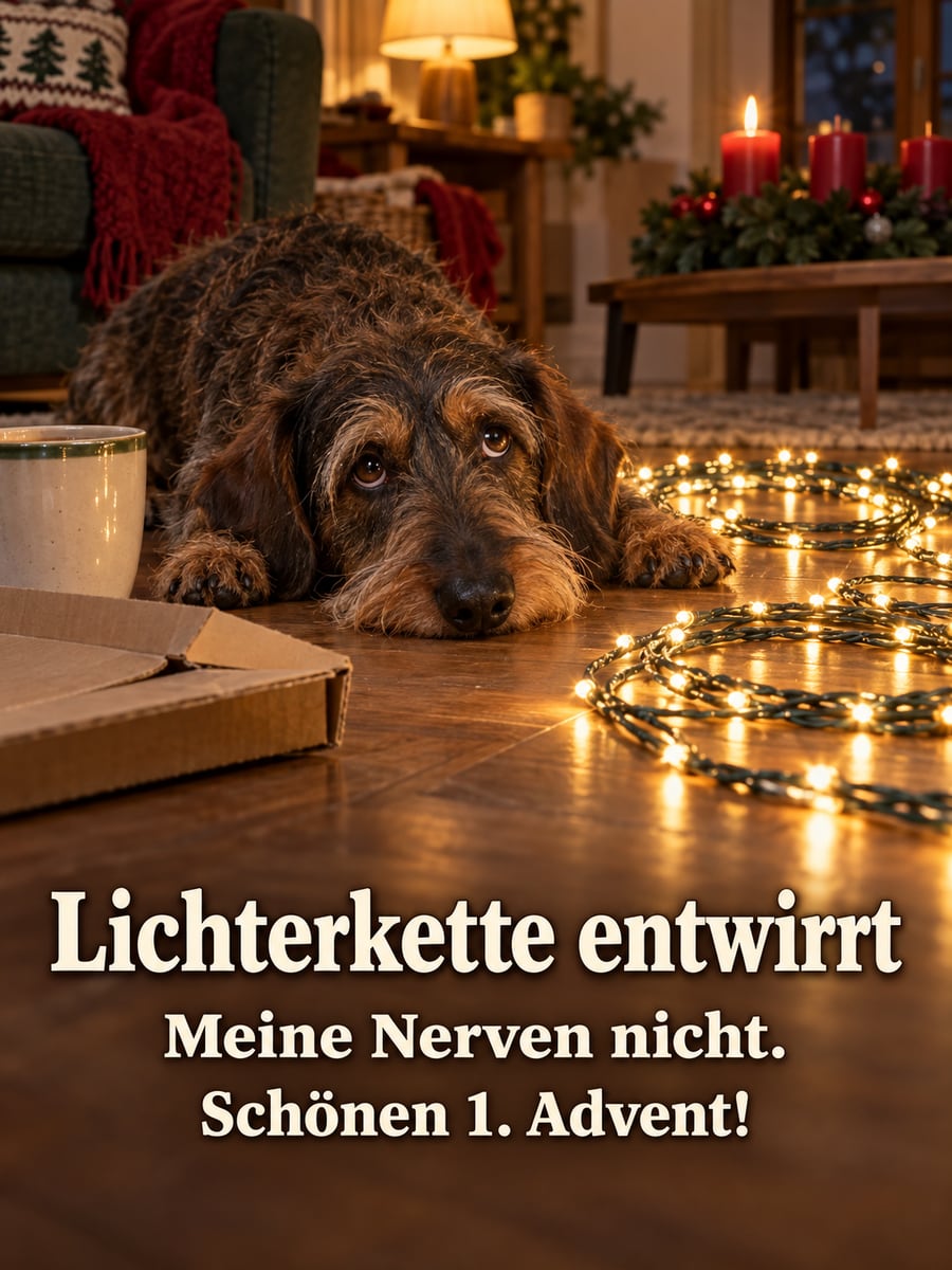 Bild zum 1. Advent mit dem Text „Lichterkette entwirrt“ und „Meine Nerven nicht. Schönen 1. Advent!“ – Motiv: Dackel, Lichterkette, Nerven, Wohnzimmer