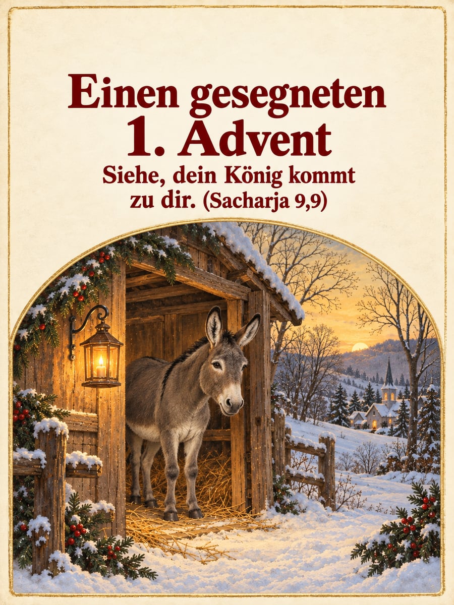 Bild zum 1. Advent mit dem Text „Einen gesegneten 1. Advent“ und „Siehe, dein König kommt zu dir. (Sacharja 9,9)“ – Motiv: Esel, Stall, Laterne, Sacharja
