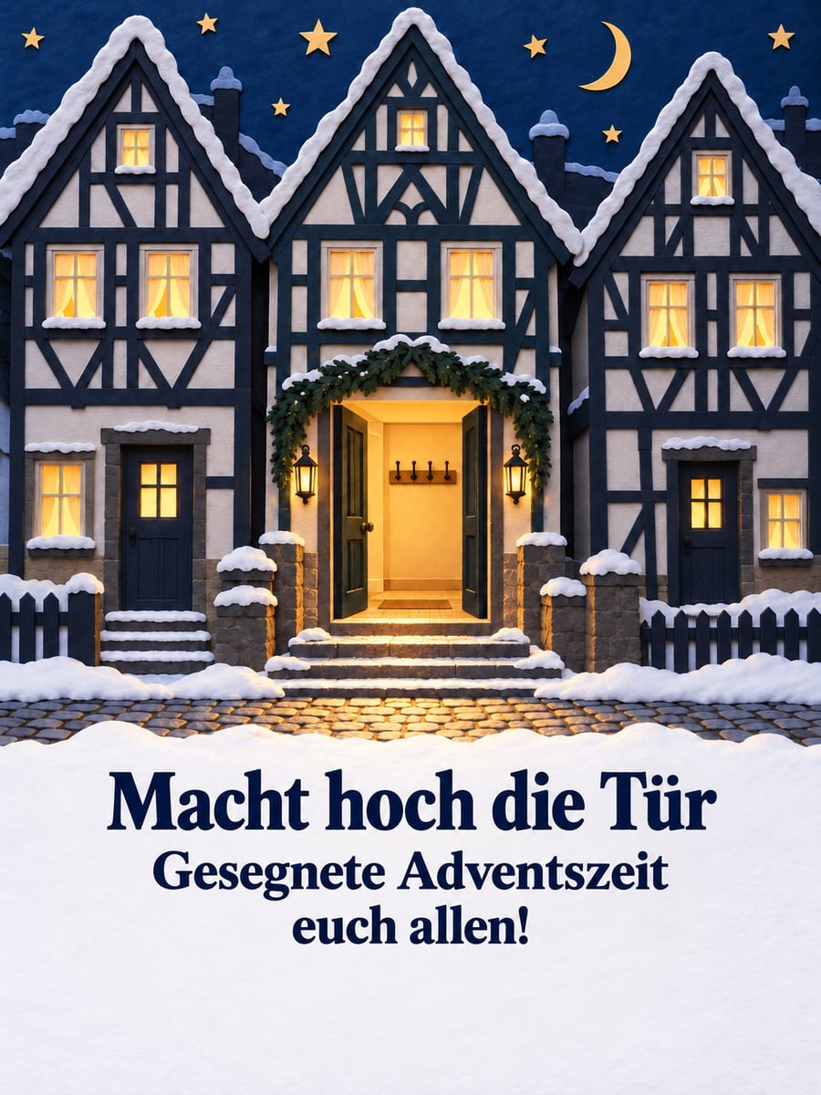 Bild zum 1. Advent mit dem Text „Macht hoch die Tür“ und „Gesegnete Adventszeit euch allen!“ – Motiv: Fachwerkhaus, Haustür, Scherenschnitt, Tannengirlande