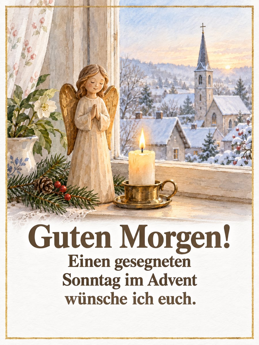 Bild zum 1. Advent mit dem Text „Guten Morgen!“ und „Einen gesegneten Sonntag im Advent wünsche ich euch.“ – Motiv: Engel, Kerze, Kirche, Morgen
