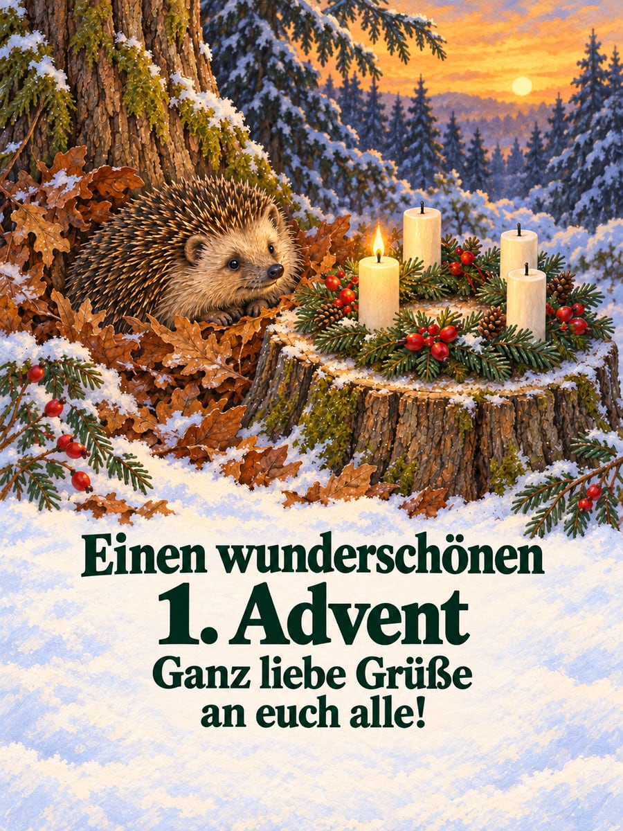 Bild zum 1. Advent mit dem Text „Einen wunderschönen 1. Advent“ und „Ganz liebe Grüße an euch alle!“ – Motiv: Igel, Wald, Baumstumpf, Adventskranz