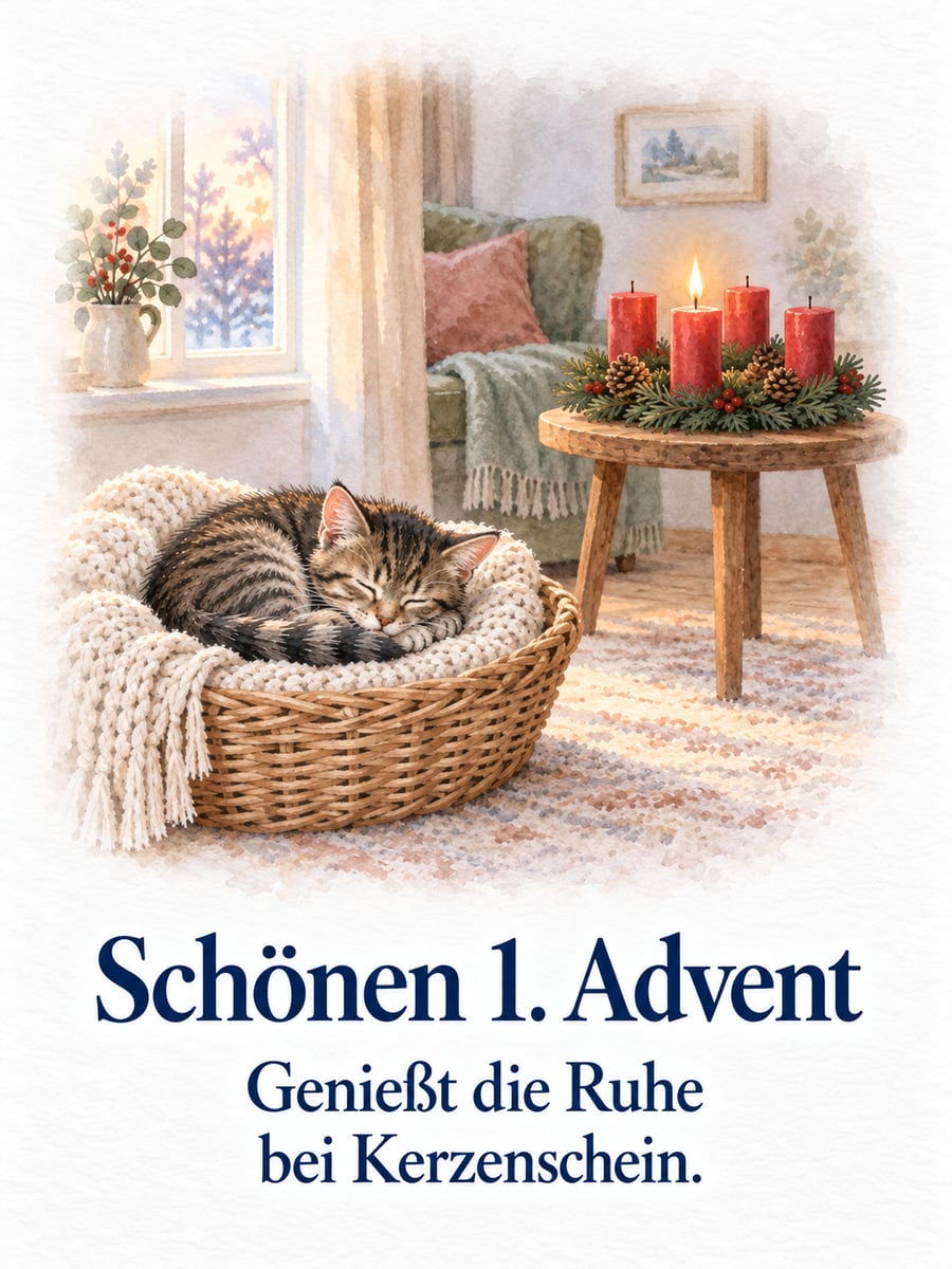 Bild zum 1. Advent mit dem Text „Schönen 1. Advent“ und „Genießt die Ruhe bei Kerzenschein.“ – Motiv: Katze, Adventskranz, Kerze