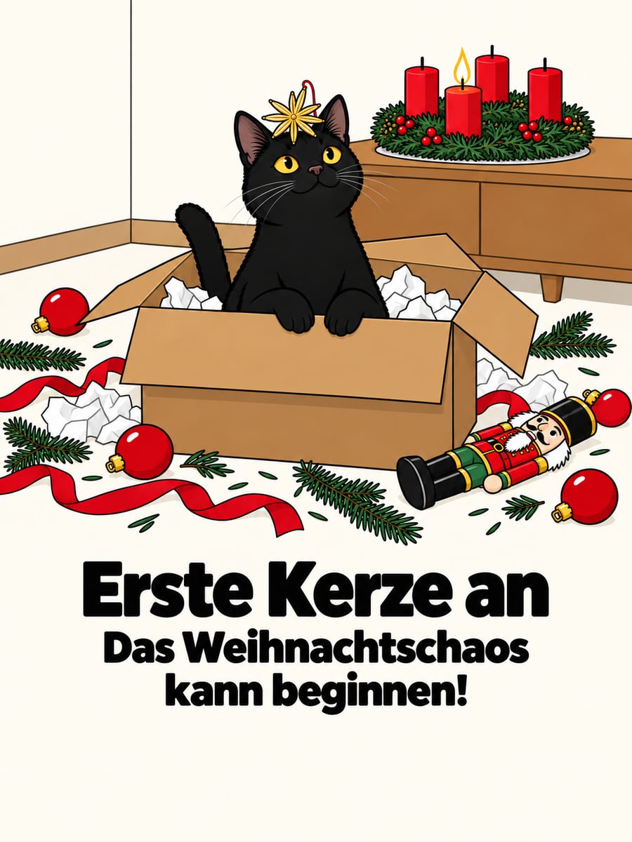 Bild zum 1. Advent mit dem Text „Erste Kerze an“ und „Das Weihnachtschaos kann beginnen!“ – Motiv: Katze, Dekokiste, Strohstern, Adventskranz