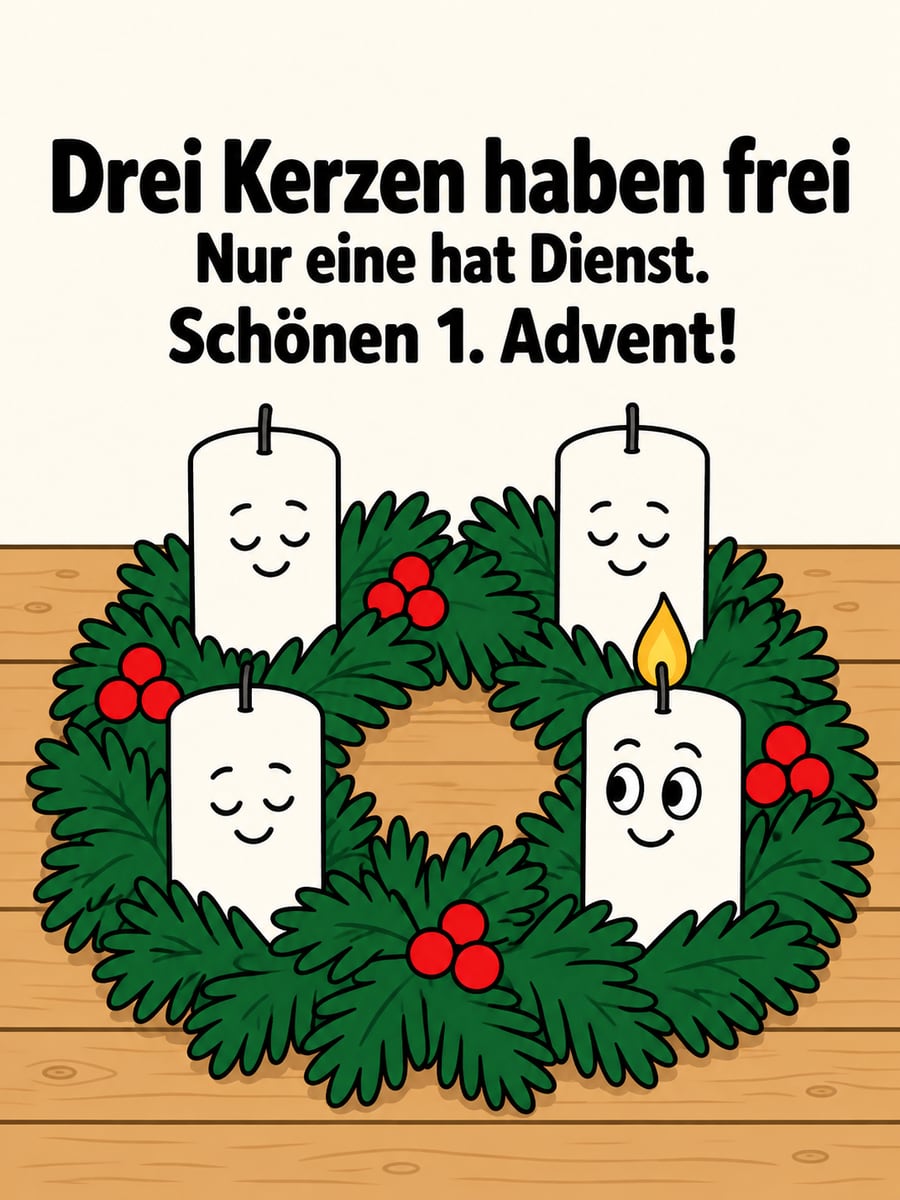 Bild zum 1. Advent mit dem Text „Drei Kerzen haben frei“ und „Nur eine hat Dienst. Schönen 1. Advent!“ – Motiv: Adventskranz, Kerzen, Dienstplan, Comic