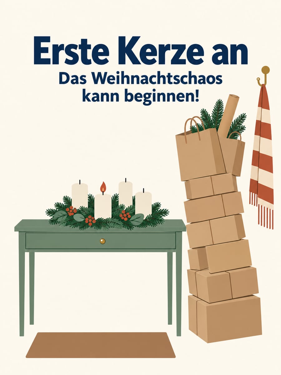 Bild zum 1. Advent mit dem Text „Erste Kerze an“ und „Das Weihnachtschaos kann beginnen!“ – Motiv: Adventskranz, Pakete, Flur, Weihnachtsstress