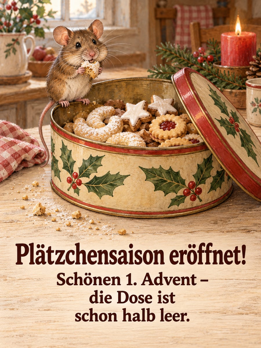 Bild zum 1. Advent mit dem Text „Plätzchensaison eröffnet!“ und „Schönen 1. Advent – die Dose ist schon halb leer.“ – Motiv: Maus, Plätzchen, Plätzchendose, Vanillekipferl