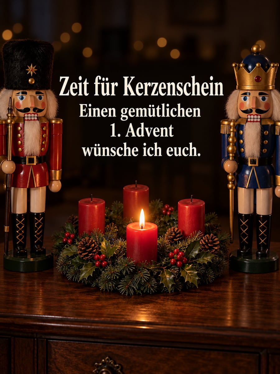 Bild zum 1. Advent mit dem Text „Zeit für Kerzenschein“ und „Einen gemütlichen 1. Advent wünsche ich euch.“ – Motiv: Nussknacker, Erzgebirge, Adventskranz, Kerzenschein