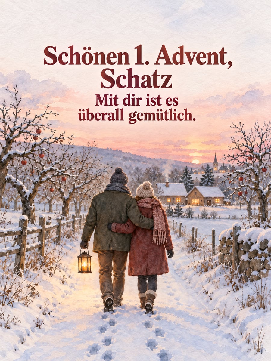 Bild zum 1. Advent mit dem Text „Schönen 1. Advent, Schatz“ und „Mit dir ist es überall gemütlich.“ – Motiv: Paar, Spaziergang, Laterne, Schnee