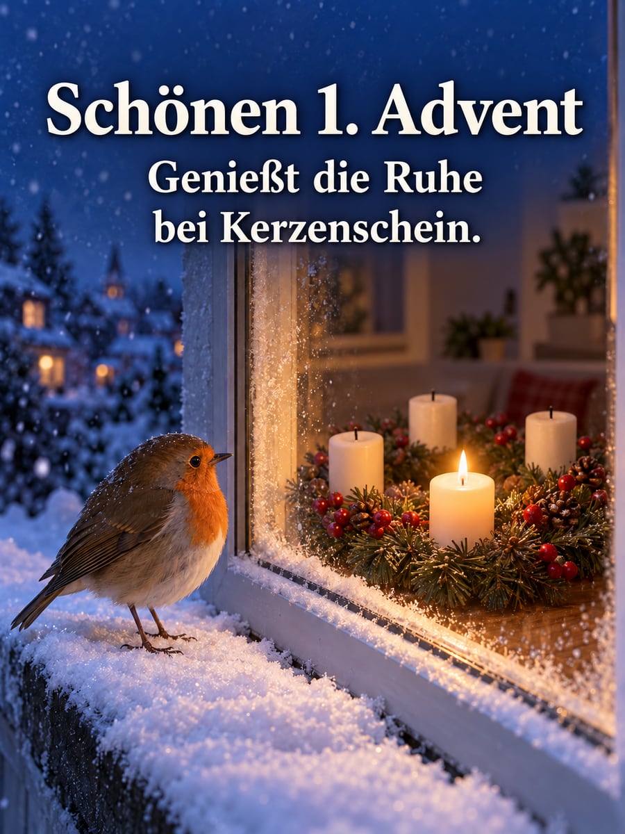 Bild zum 1. Advent mit dem Text „Schönen 1. Advent“ und „Genießt die Ruhe bei Kerzenschein.“ – Motiv: Rotkehlchen, Fensterbank, Schnee, Adventskranz