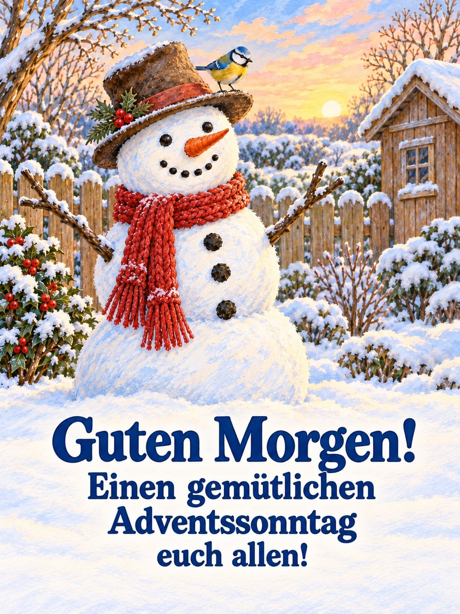 Bild zum 1. Advent mit dem Text „Guten Morgen!“ und „Einen gemütlichen Adventssonntag euch allen!“ – Motiv: Schneemann, Blaumeise, Garten, Morgen