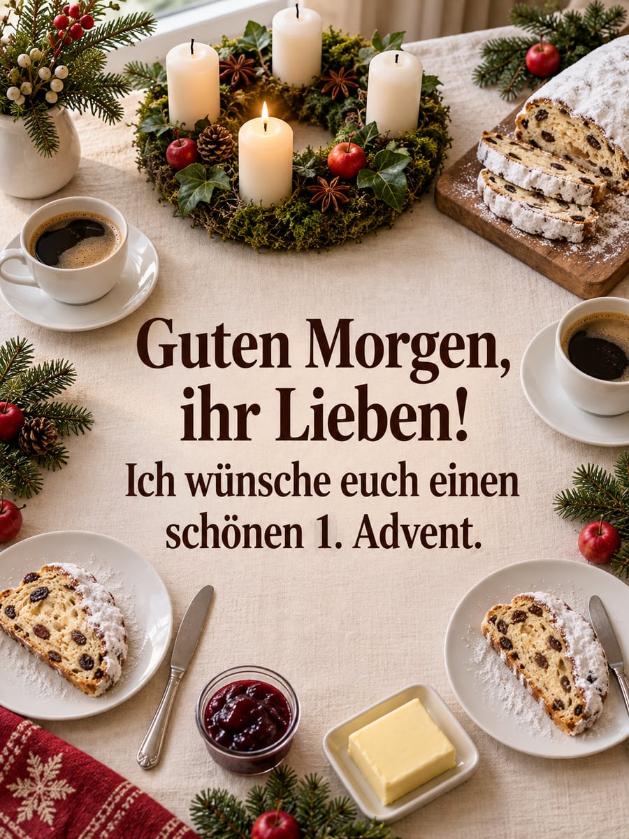 Bild zum 1. Advent mit dem Text „Guten Morgen, ihr Lieben!“ und „Ich wünsche euch einen schönen 1. Advent.“ – Motiv: Frühstück, Stollen, Kaffee, Adventskranz