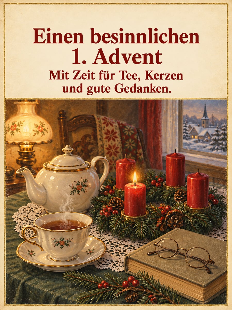 Bild zum 1. Advent mit dem Text „Einen besinnlichen 1. Advent“ und „Mit Zeit für Tee, Kerzen und gute Gedanken.“ – Motiv: Tee, Kerze, Adventskranz, Lesebrille