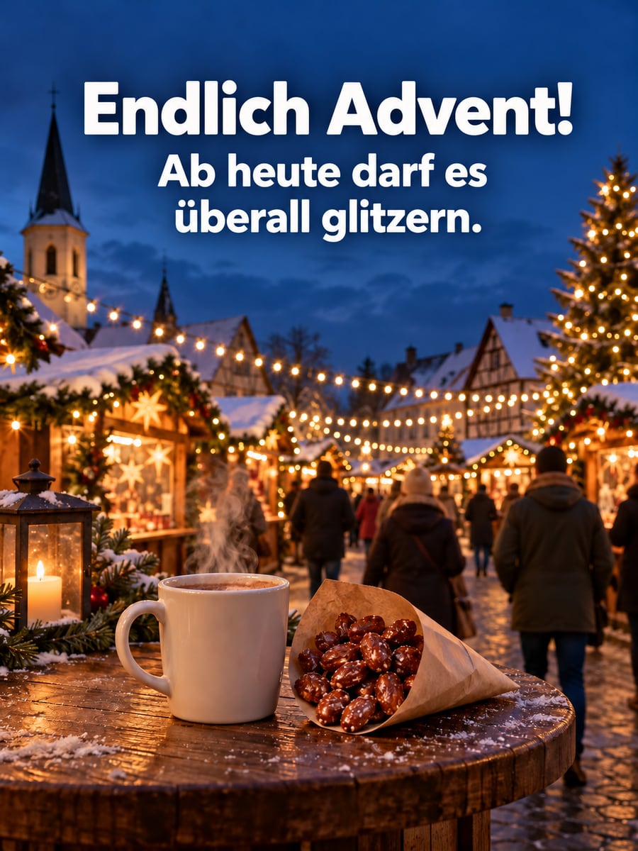 Bild zum 1. Advent mit dem Text „Endlich Advent!“ und „Ab heute darf es überall glitzern.“ – Motiv: Weihnachtsmarkt, Lichterketten, heiße Schokolade, gebrannte Mandeln