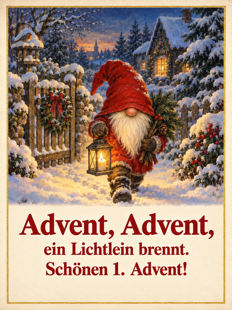 Bild zum 1. Advent mit dem Text „Advent, Advent,“ und „ein Lichtlein brennt. Schönen 1. Advent!“ – Motiv: Wichtel, Laterne, Schnee, Postkarte