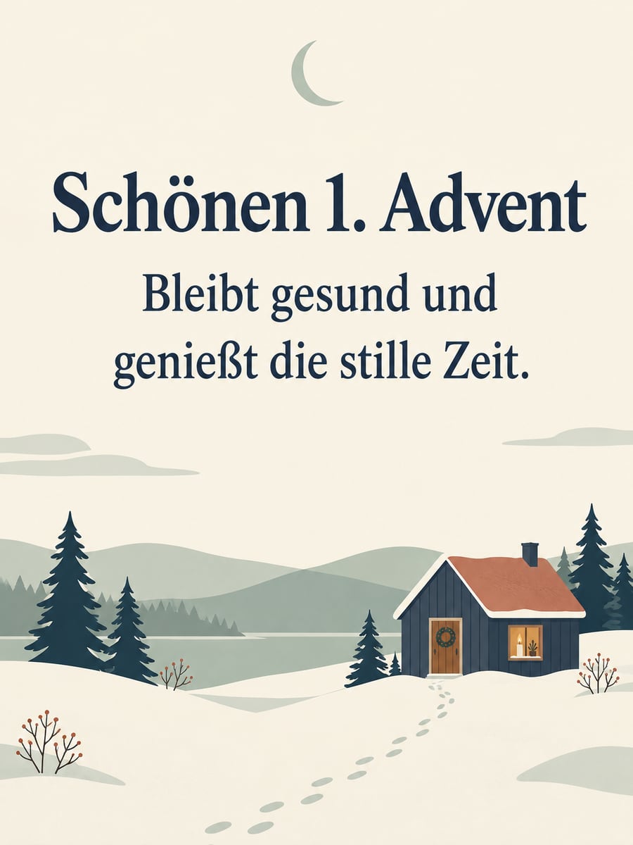 Bild zum 1. Advent mit dem Text „Schönen 1. Advent“ und „Bleibt gesund und genießt die stille Zeit.“ – Motiv: Winterlandschaft, Hütte, Kerze, Mond