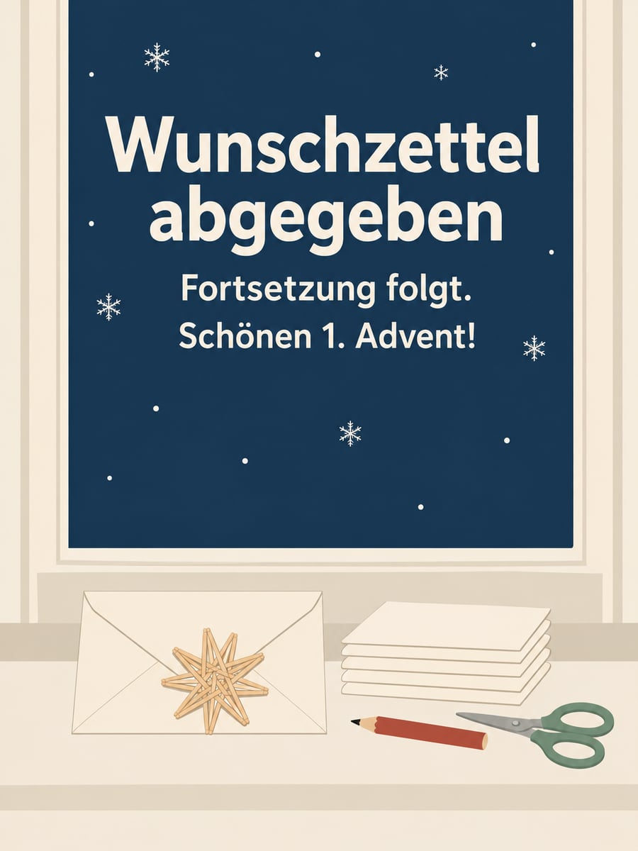 Bild zum 1. Advent mit dem Text „Wunschzettel abgegeben“ und „Fortsetzung folgt. Schönen 1. Advent!“ – Motiv: Wunschzettel, Briefumschlag, Fensterbank, Strohstern