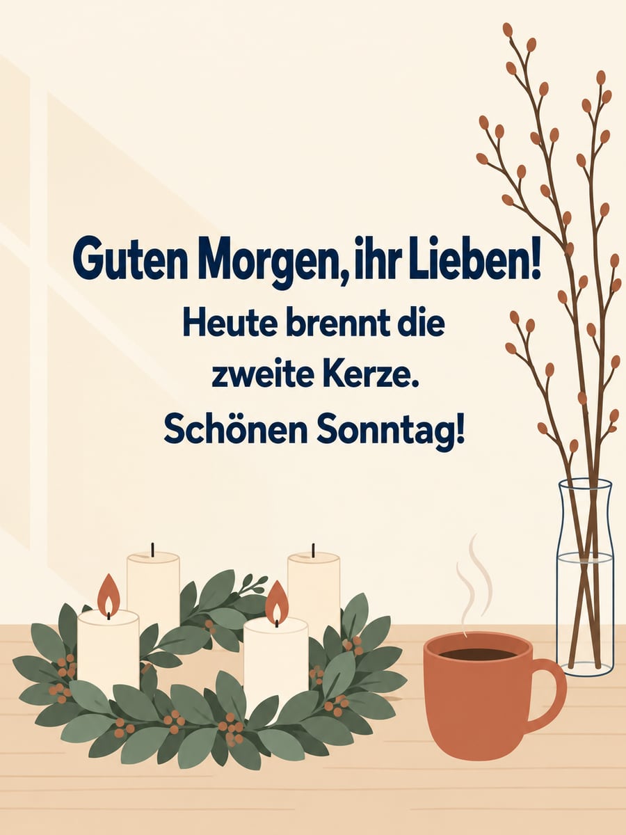 Bild zum 2. Advent mit dem Text „Guten Morgen, ihr Lieben!“ und „Heute brennt die zweite Kerze. Schönen Sonntag!“ – Motiv: Barbarazweige, Adventskranz, Morgen, Vase