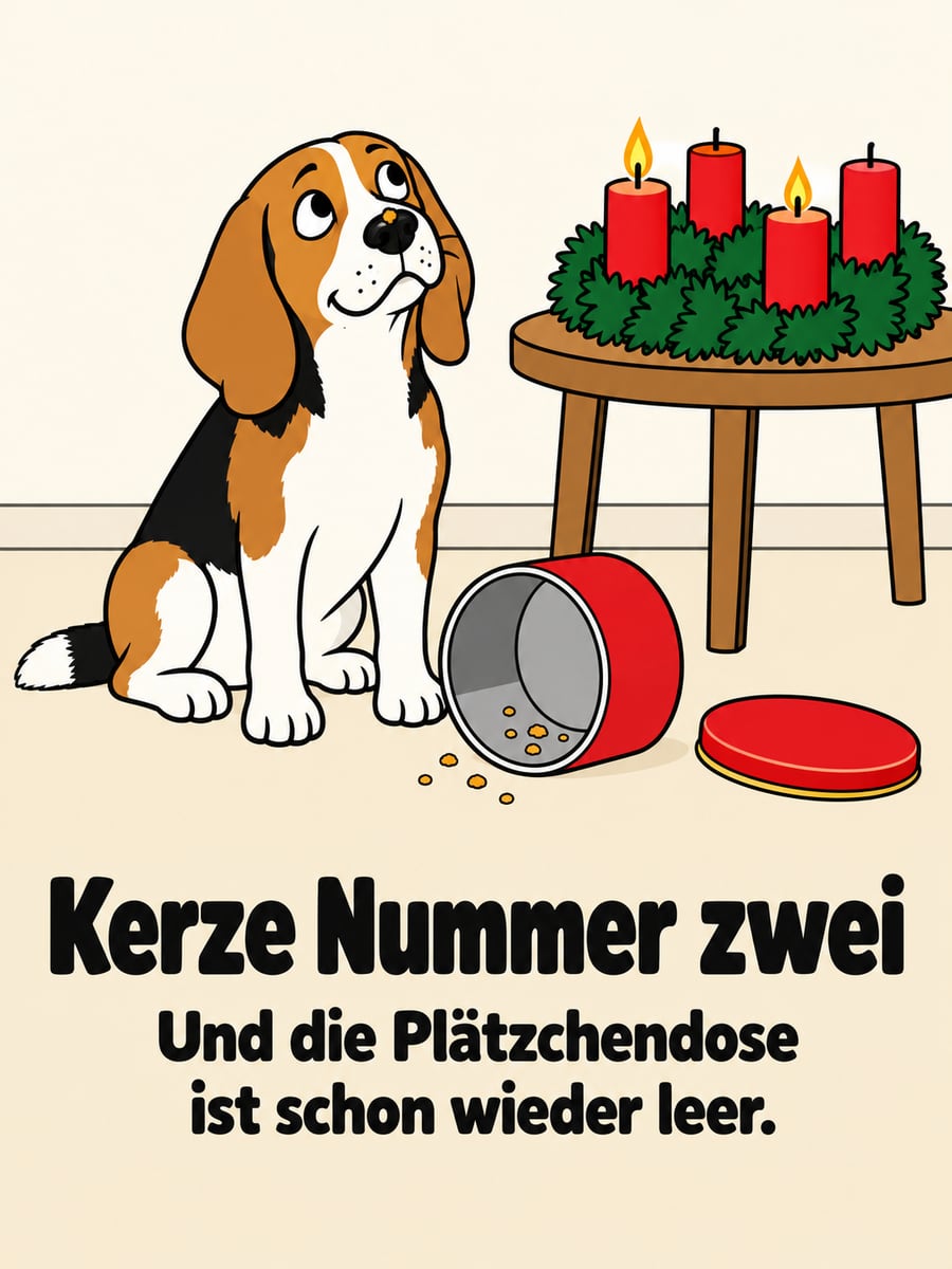 Bild zum 2. Advent mit dem Text „Kerze Nummer zwei“ und „Und die Plätzchendose ist schon wieder leer.“ – Motiv: Hund, Beagle, Plätzchendose, Adventskranz