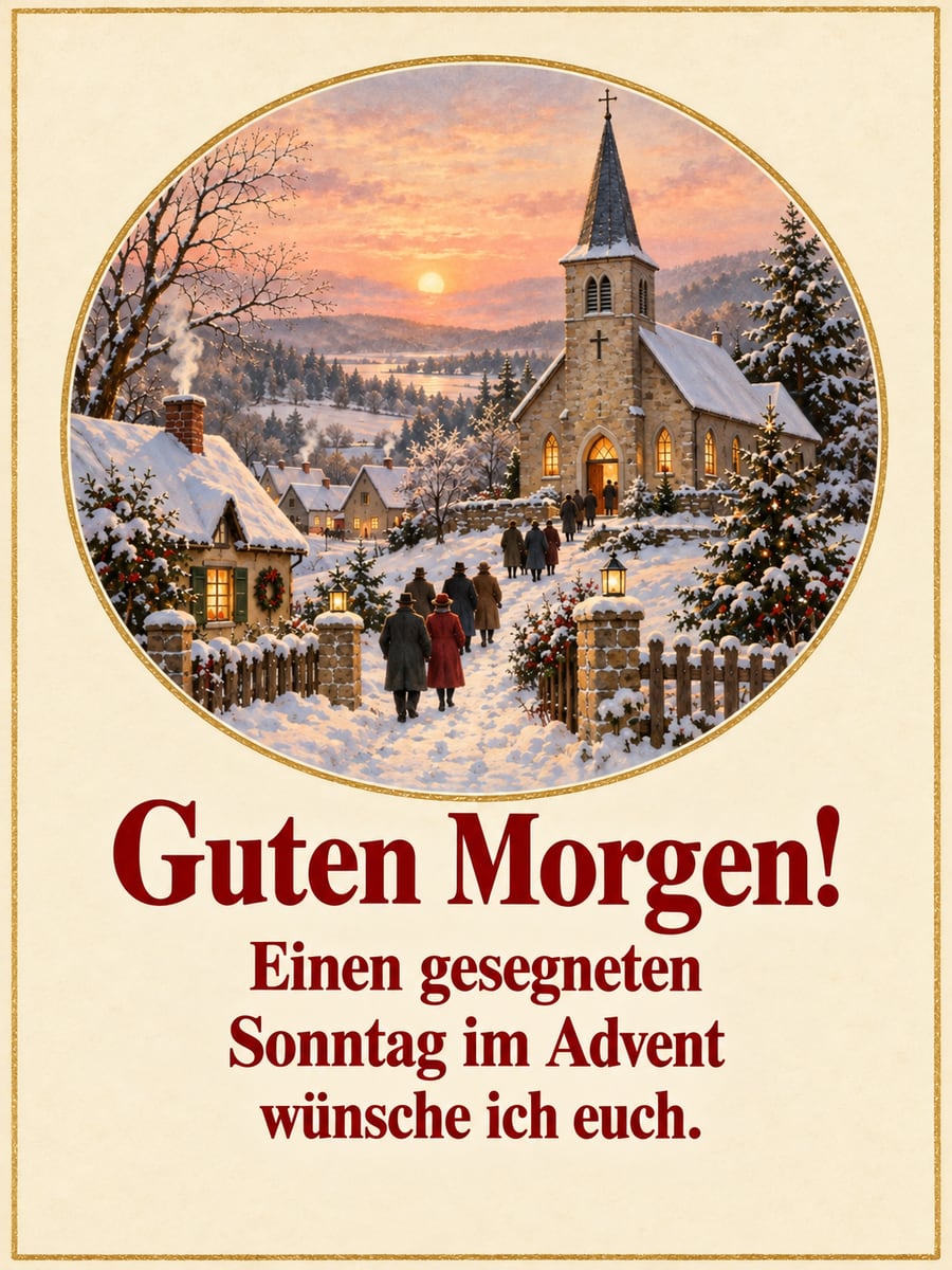 Bild zum 2. Advent mit dem Text „Guten Morgen!“ und „Einen gesegneten Sonntag im Advent wünsche ich euch.“ – Motiv: Dorfkirche, Sonntag, Schnee, Postkarte