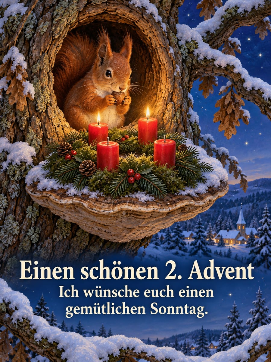 Bild zum 2. Advent mit dem Text „Einen schönen 2. Advent“ und „Ich wünsche euch einen gemütlichen Sonntag.“ – Motiv: Eichhörnchen, Baumhöhle, Adventskranz, Wald