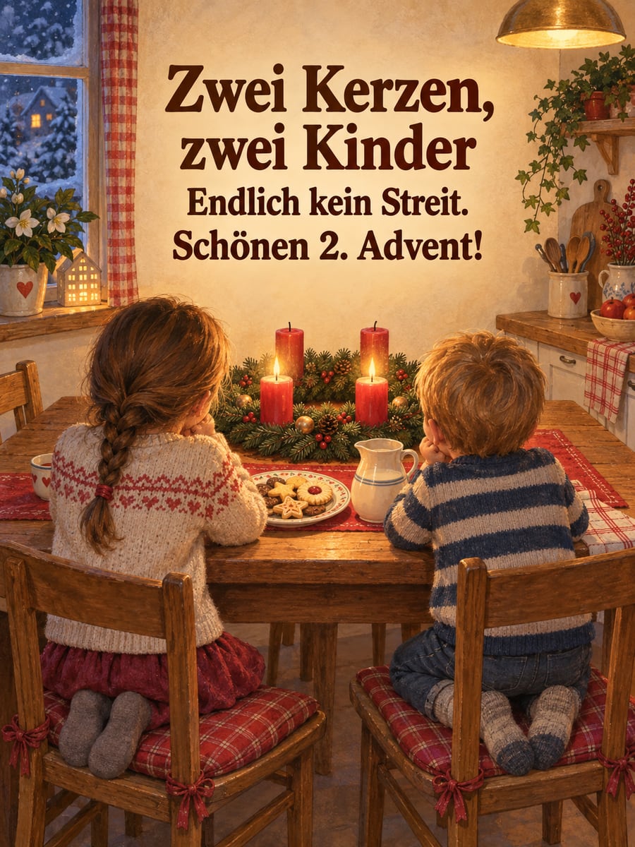 Bild zum 2. Advent mit dem Text „Zwei Kerzen, zwei Kinder“ und „Endlich kein Streit. Schönen 2. Advent!“ – Motiv: Geschwister, Kinder, Adventskranz, Küche