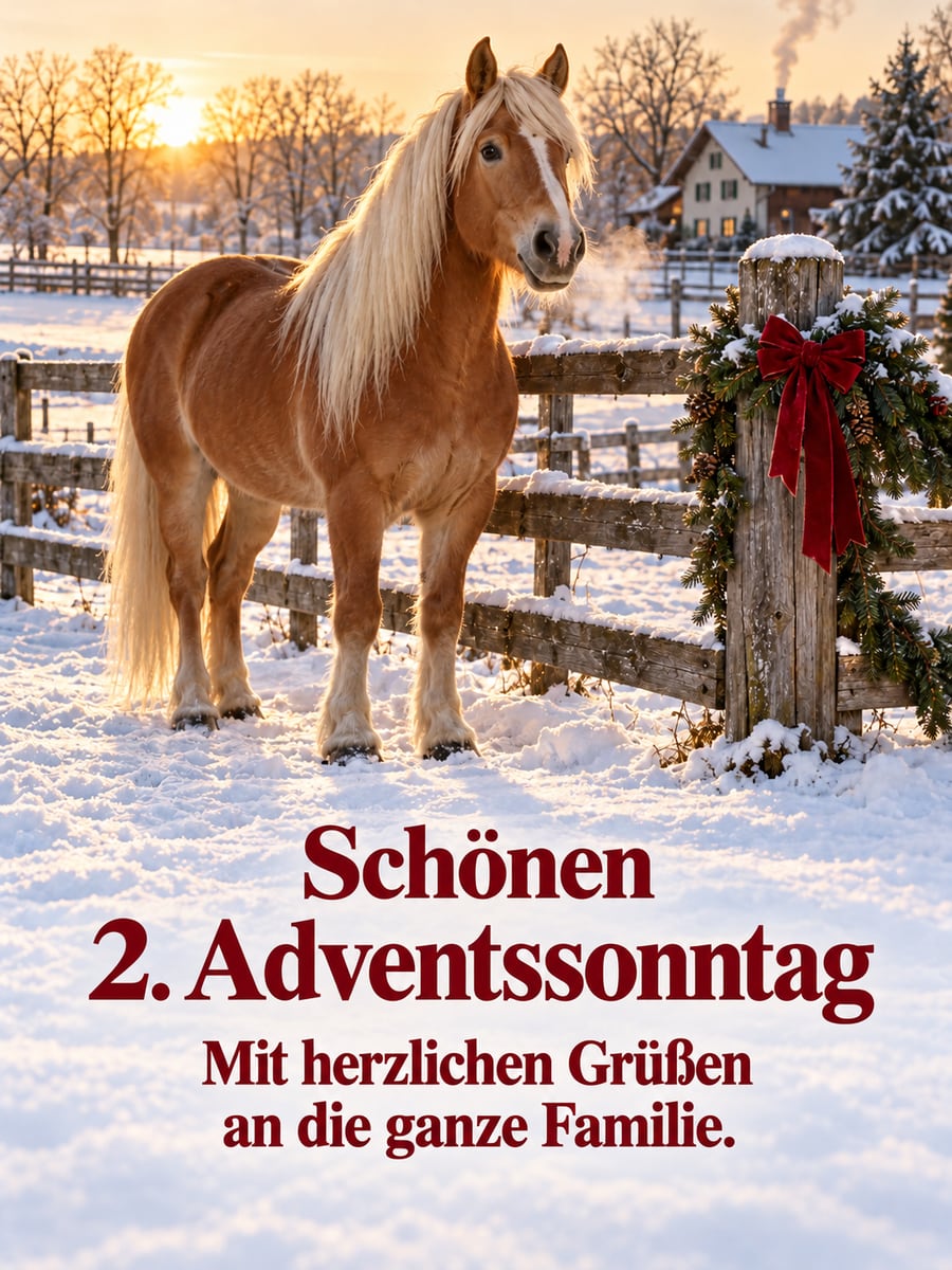 Bild zum 2. Advent mit dem Text „Schönen 2. Adventssonntag“ und „Mit herzlichen Grüßen an die ganze Familie.“ – Motiv: Pferd, Haflinger, Koppel, Schnee