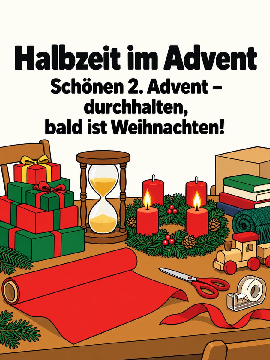 Bild zum 2. Advent mit dem Text „Halbzeit im Advent“ und „Schönen 2. Advent – durchhalten, bald ist Weihnachten!“ – Motiv: Geschenke, Sanduhr, Adventskranz, Halbzeit